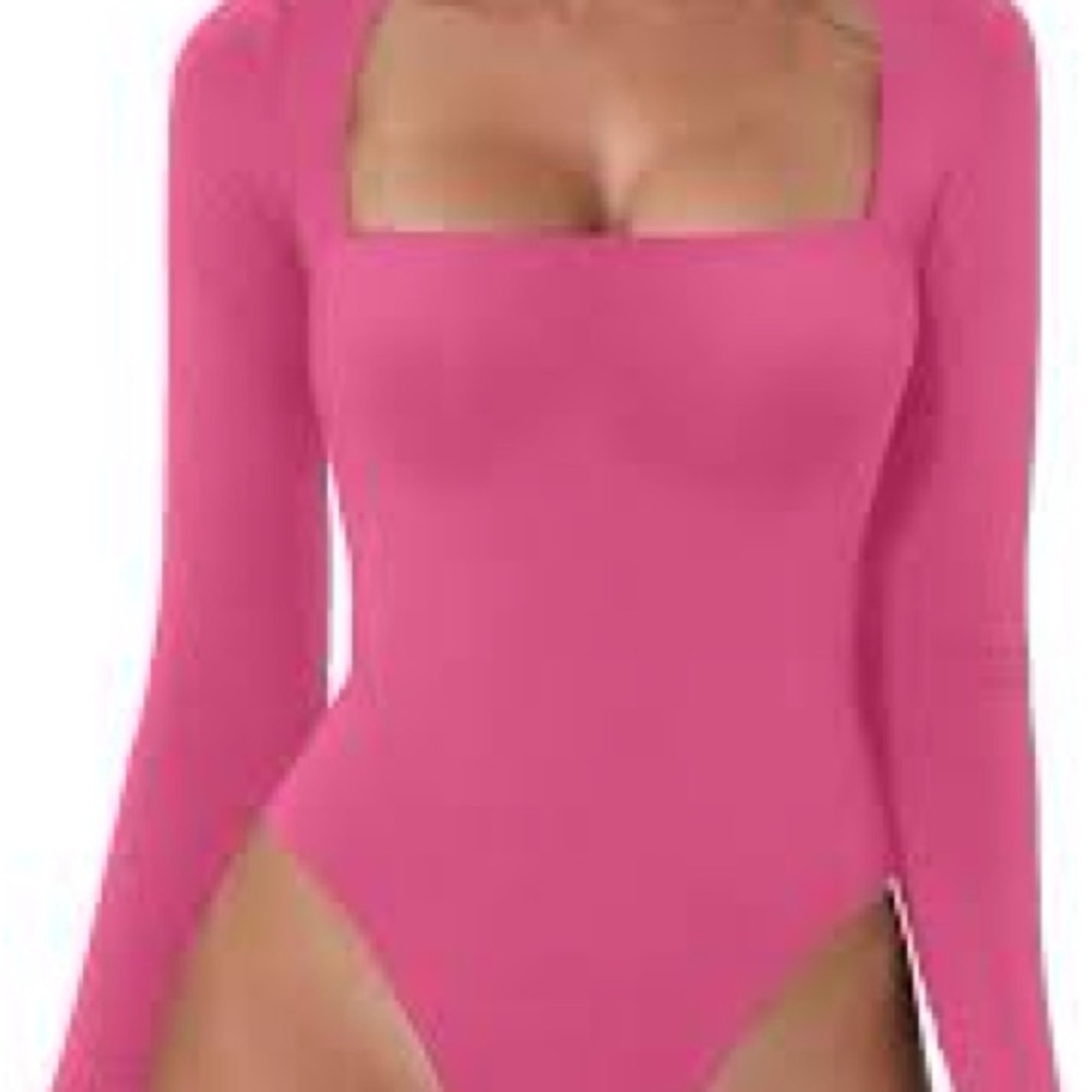 Qinsen Hot Pink Long Sleeve Bodysuit, Large